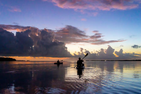 Kayaking at sunset in the Florida Bay, Everglades National Park.  Near Flamingo.